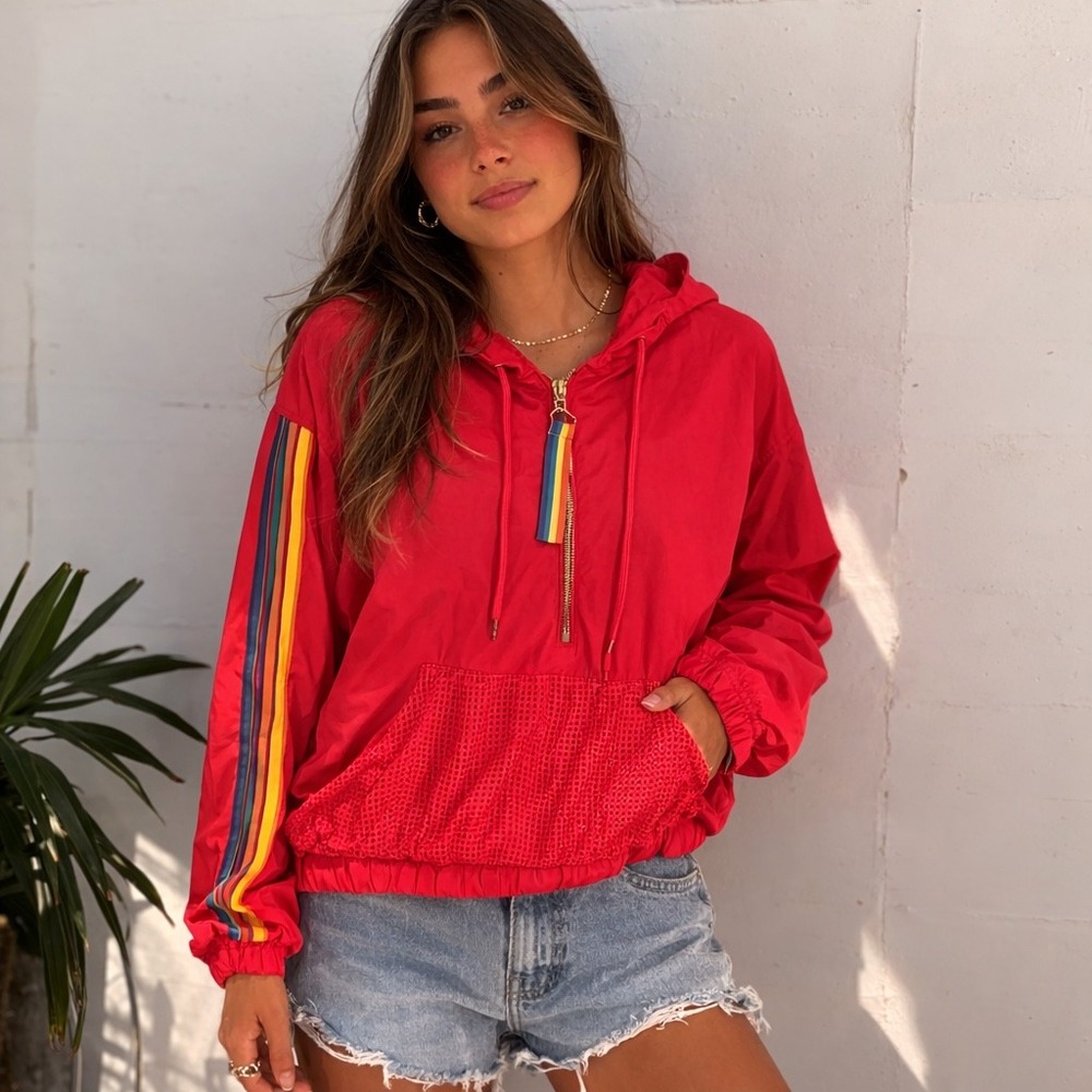 Ashley By 26 International Zip Mesh Rainbow Stripe Windbreaker Jacket Sz XL NWT